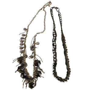 Lot 2 J Crew necklaces olive green and stone ribbon smokey facetted fringed